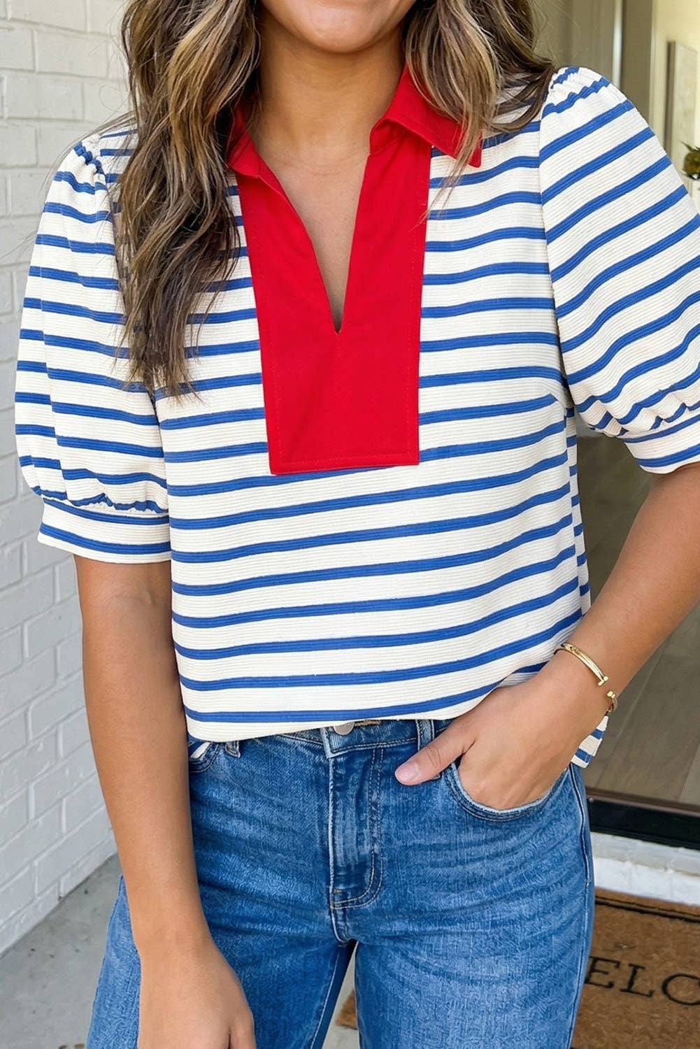 LAS Stripe Color Block Polo Collar Blouse (S-XL): Blue Stripe / Missy / S