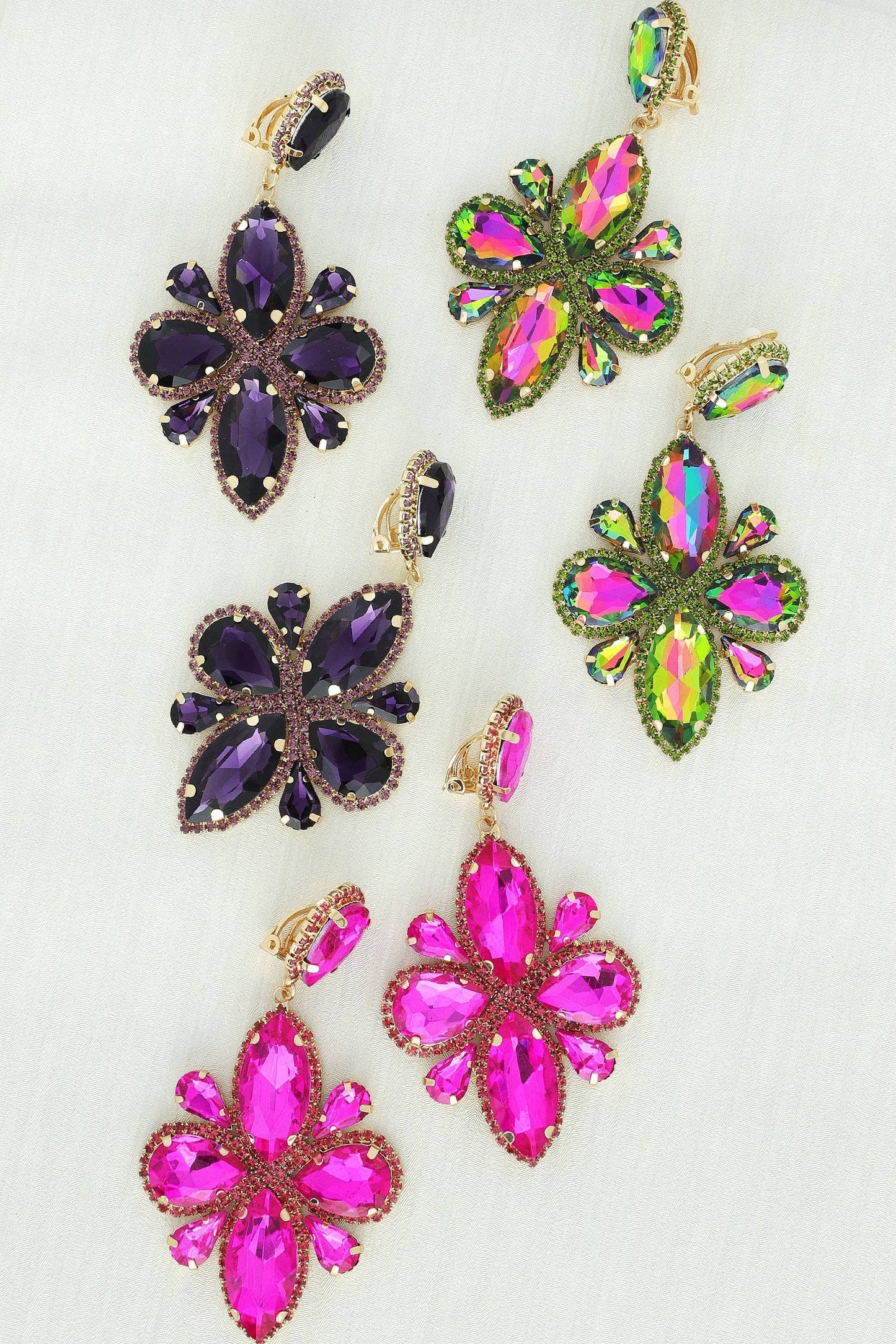 Statement Large Crystal Flower Clip On Earrings: Gold Iridescent ecy11670 gab