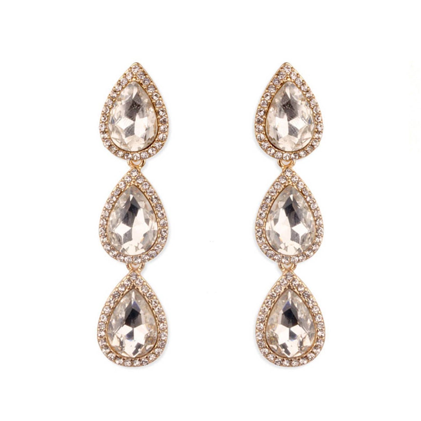 3 Tier Rhinestone Crystal Teardrop w/ Halo Dangle Earrings: Gold Clear eq180gcl