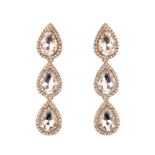 3 Tier Rhinestone Crystal Teardrop w/ Halo Dangle Earrings: Gold Clear eq180gcl