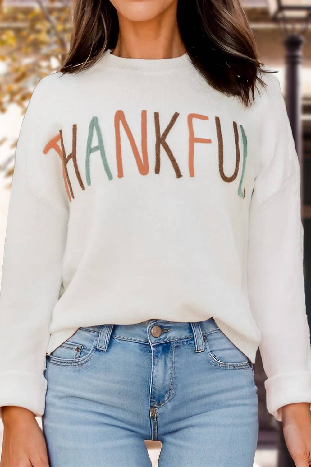 Thankful Letter Embroidered Knit Sweater | S-XL: As shown / Missy / S