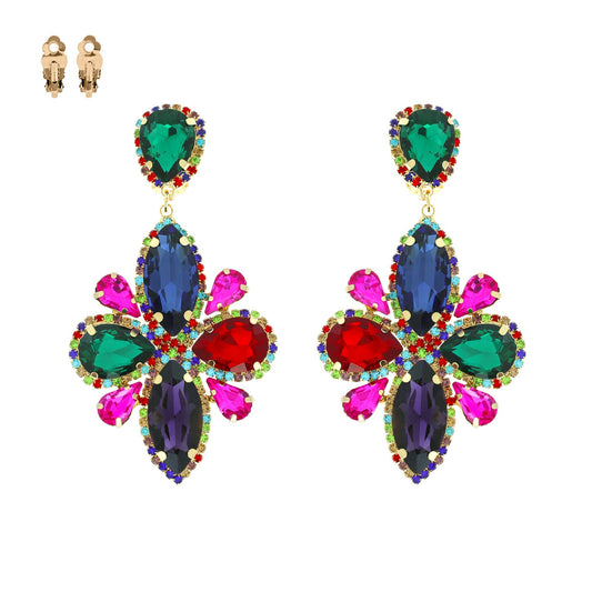 Statement Large Crystal Flower Clip On Earrings: Gold Multi Color ecy11670gmu