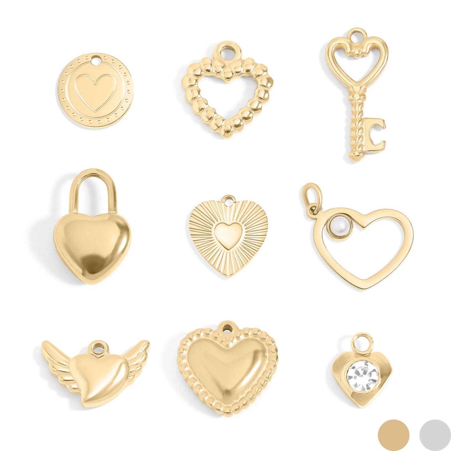 18K Gold PVD Stainless Steel Heart Charm Set: Gold