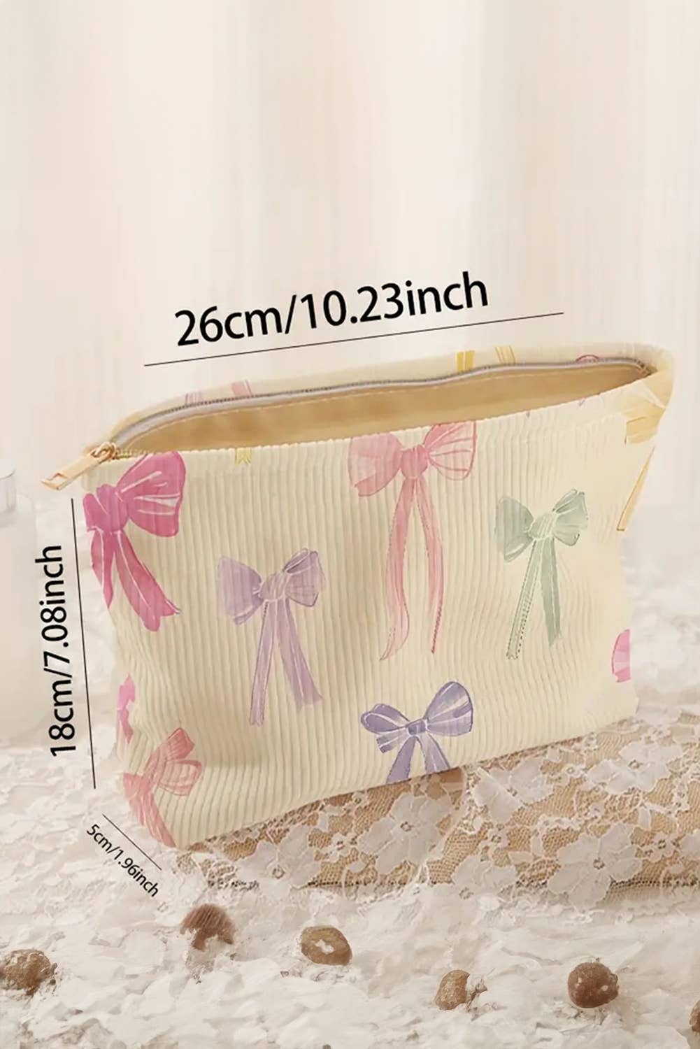 Bow Knot Zipper Corduroy Cosmetic Bag: As shown / Missy / Standard