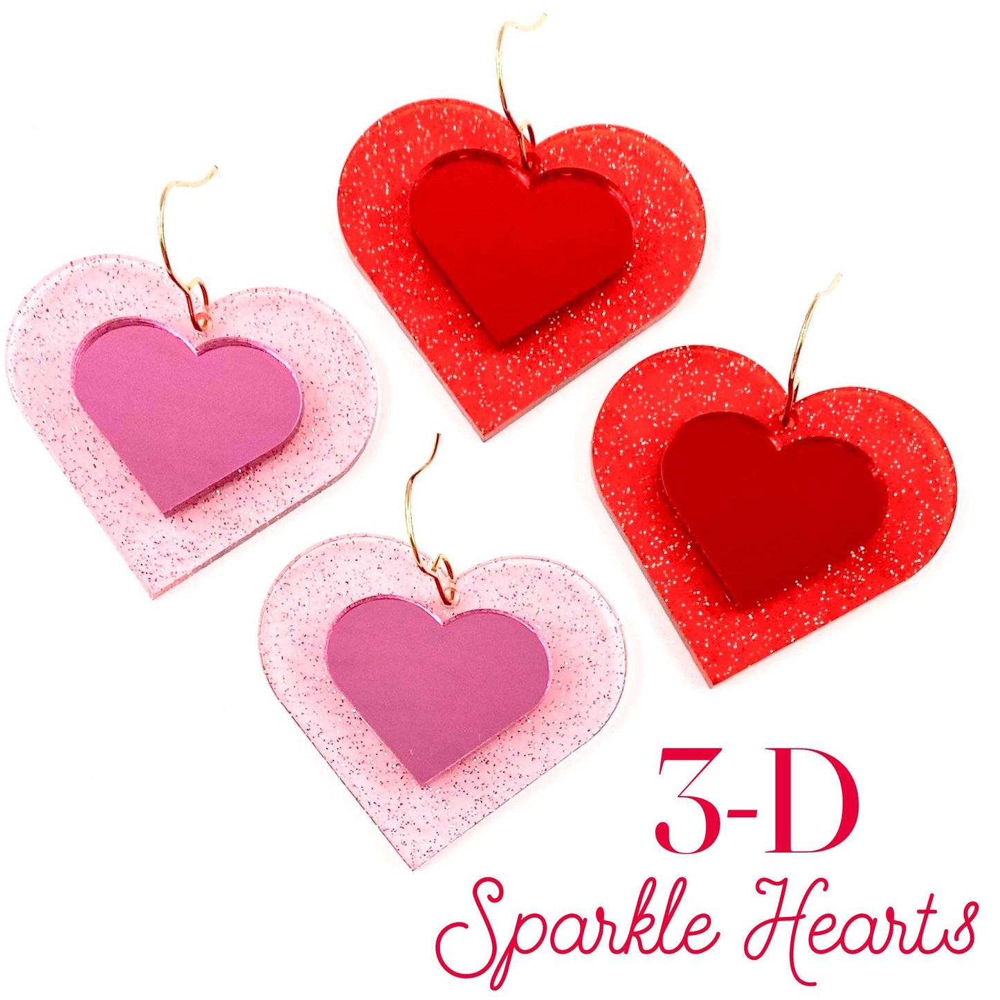 Glitter 3-D Hearts -Valentine Acrylic Earrings: Pink