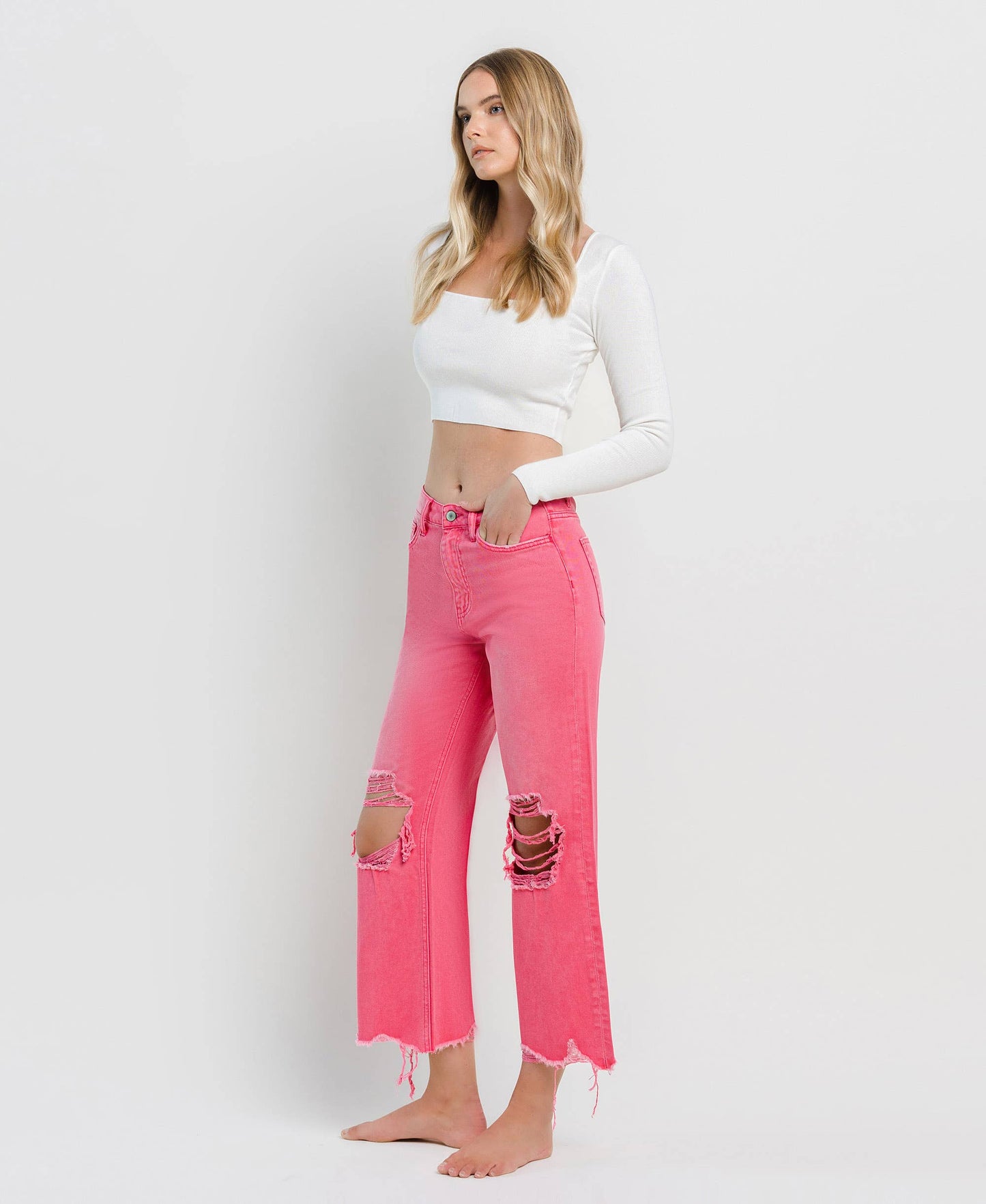 90'S VINTAGE SUPER HIGH RISE CROP FLARE JEANS V2736HP: HOT PINK / 30