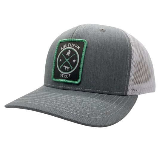 Quail & Pointer Woven Patch Trucker Hat: Heather Grey / White