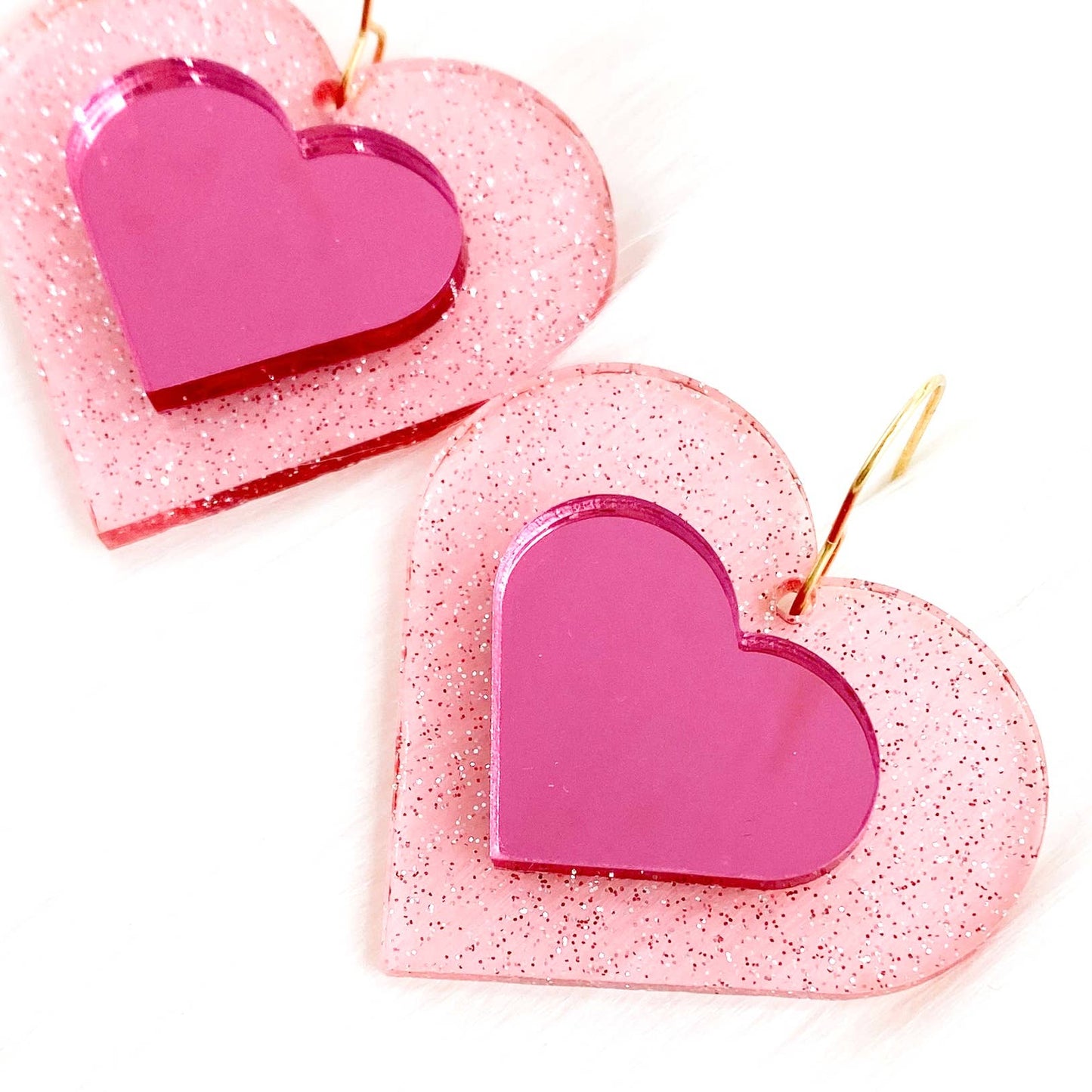 Glitter 3-D Hearts -Valentine Acrylic Earrings: Pink