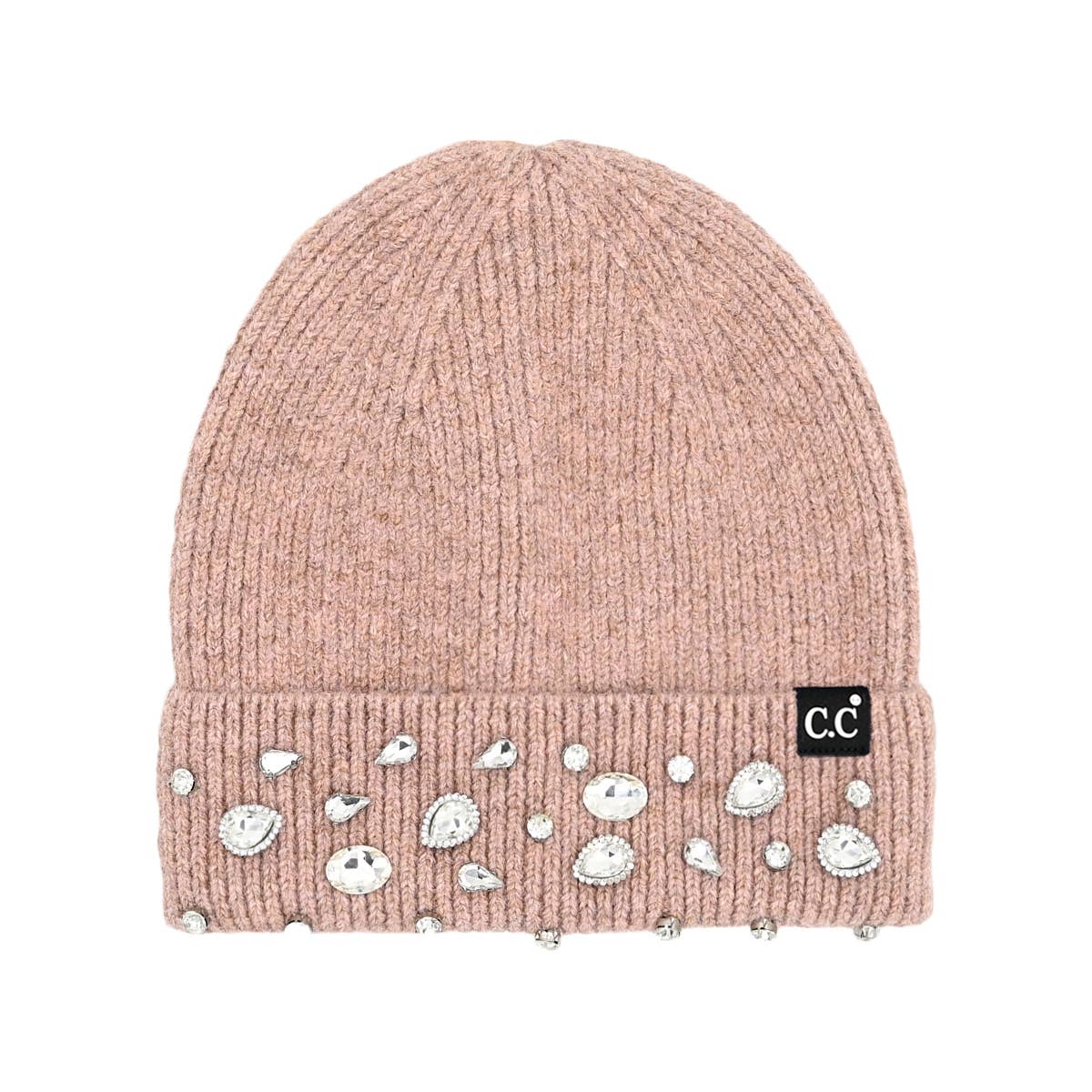 Sparkle Embellished Beanie - Rhinestone Crystal - Rose