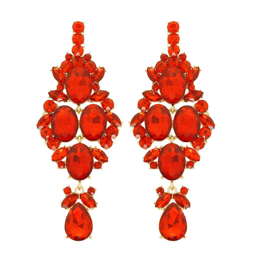 Crystal Gemstone Cluster Long Drop Earrings: Red ey12242grd