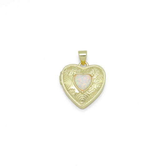 Gold Opal Heart Locket Charm Pendant, Sku#LX689