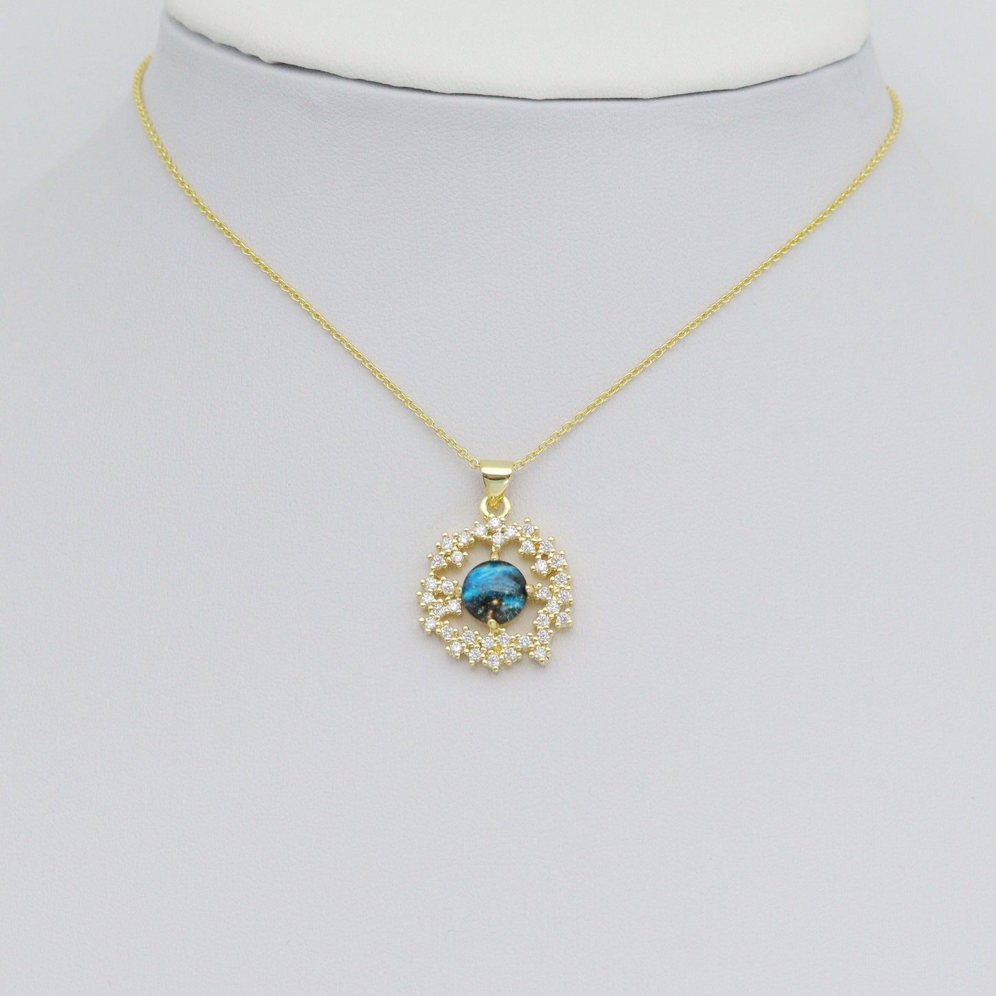 Blue Planet Stone Gold Round Garland Charm Pendant, Sku#LD680