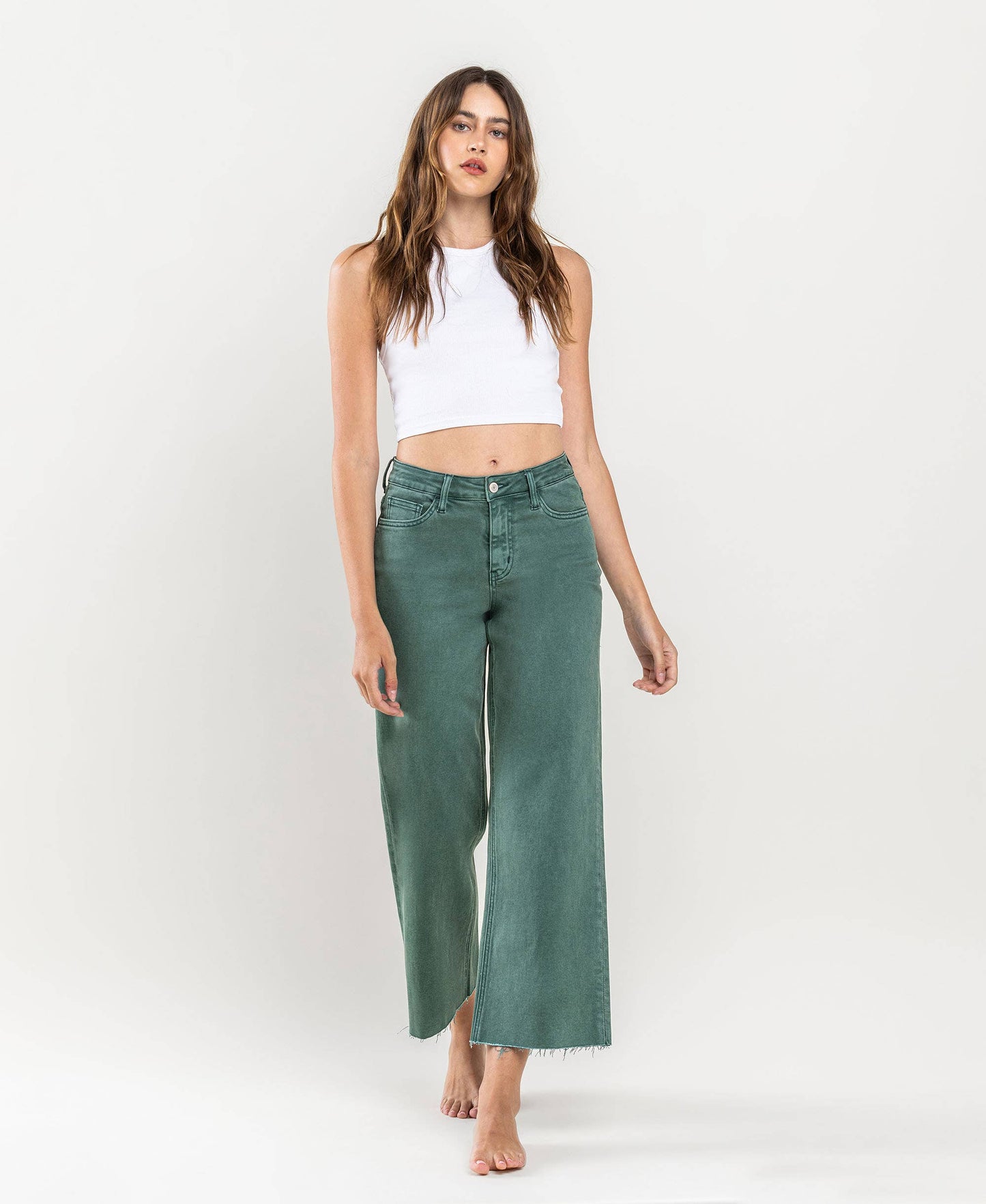 HIGH RISE CROP WIDE LEG JEANS the Leslie by vervet in MALLARD GREEN / 32