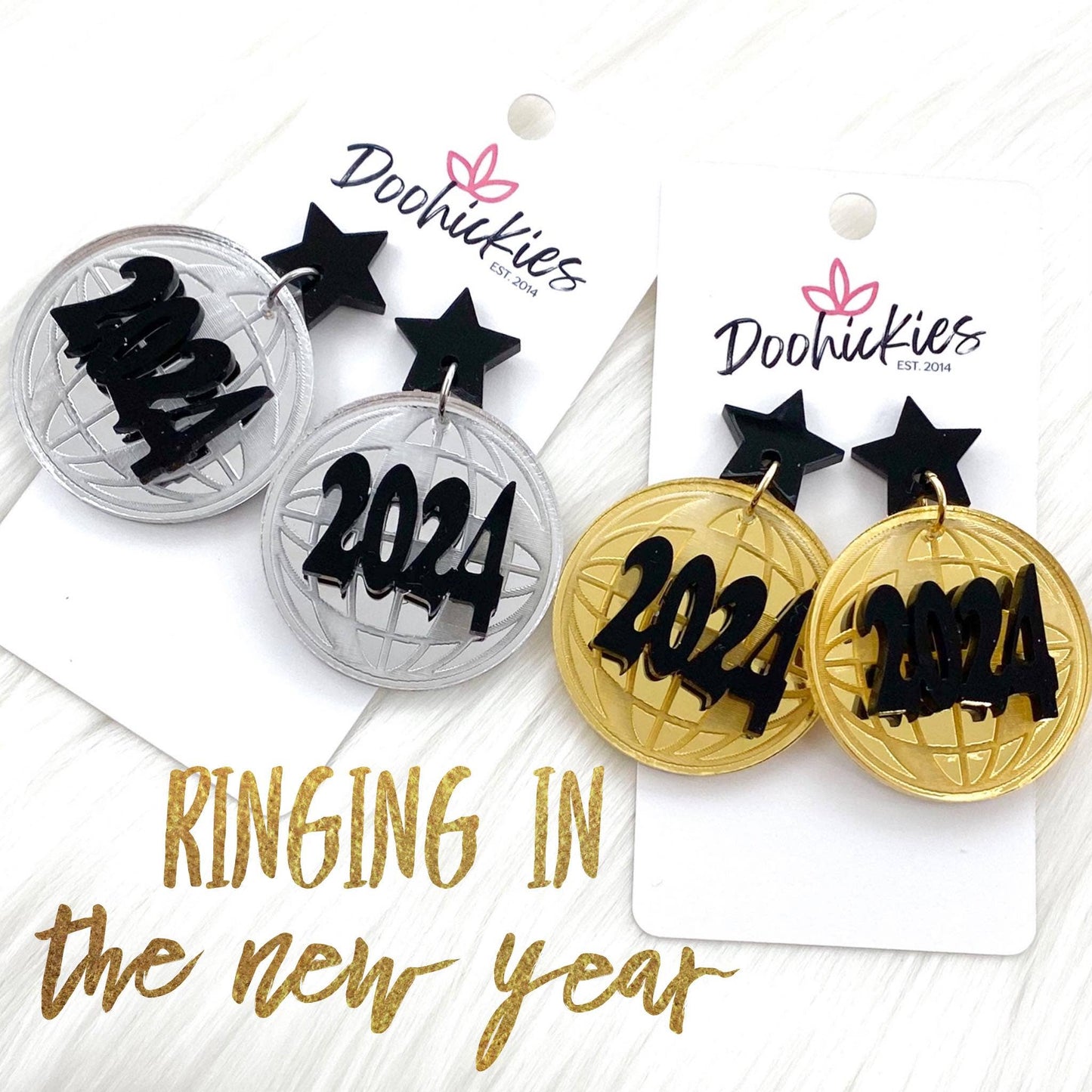 2" Ringing in the New Year Acrylic Earrings: Gold