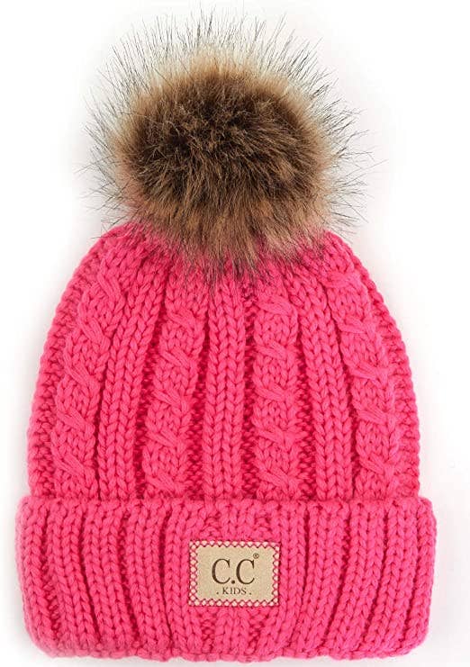 Kids Faux Fur Single Pom Beanie (Candy Pink)