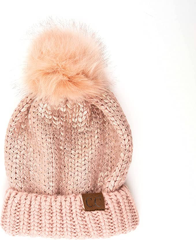 Metallic Foil Knit Cuff Faux Fur Pom Beanie - Rose