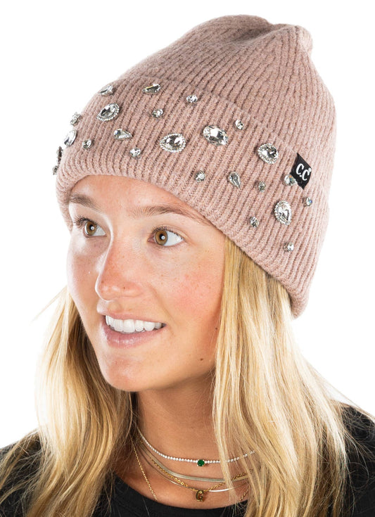 Sparkle Embellished Beanie - Rhinestone Crystal - Rose