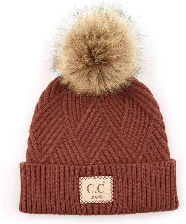 C.C Baby/Infant Pom Beanie - Brick (basketweave pattern)