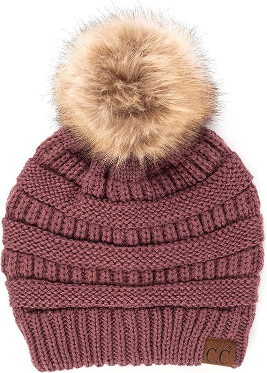 C.C Faux Fur Pom Beanie - Coco Berry