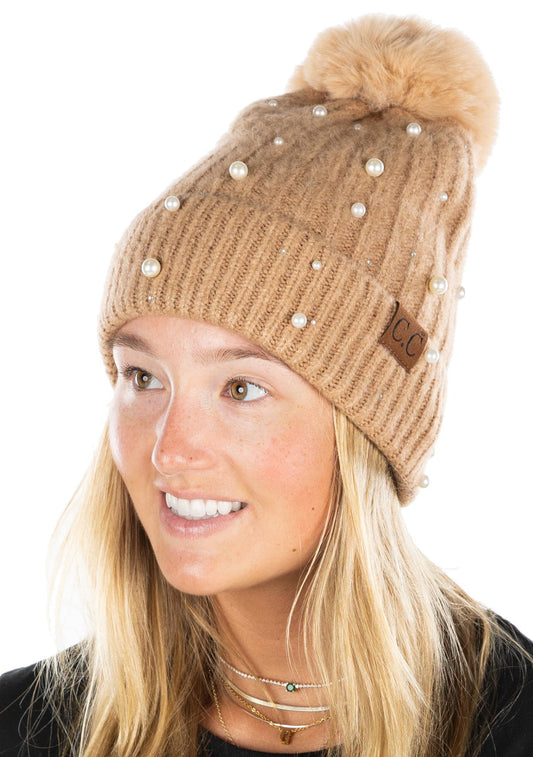 Faux Fur Pom Hat: Pearl Embellishment - Camel