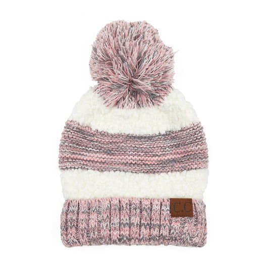 Popcorn Yarn Pom Beanie - Rose/White