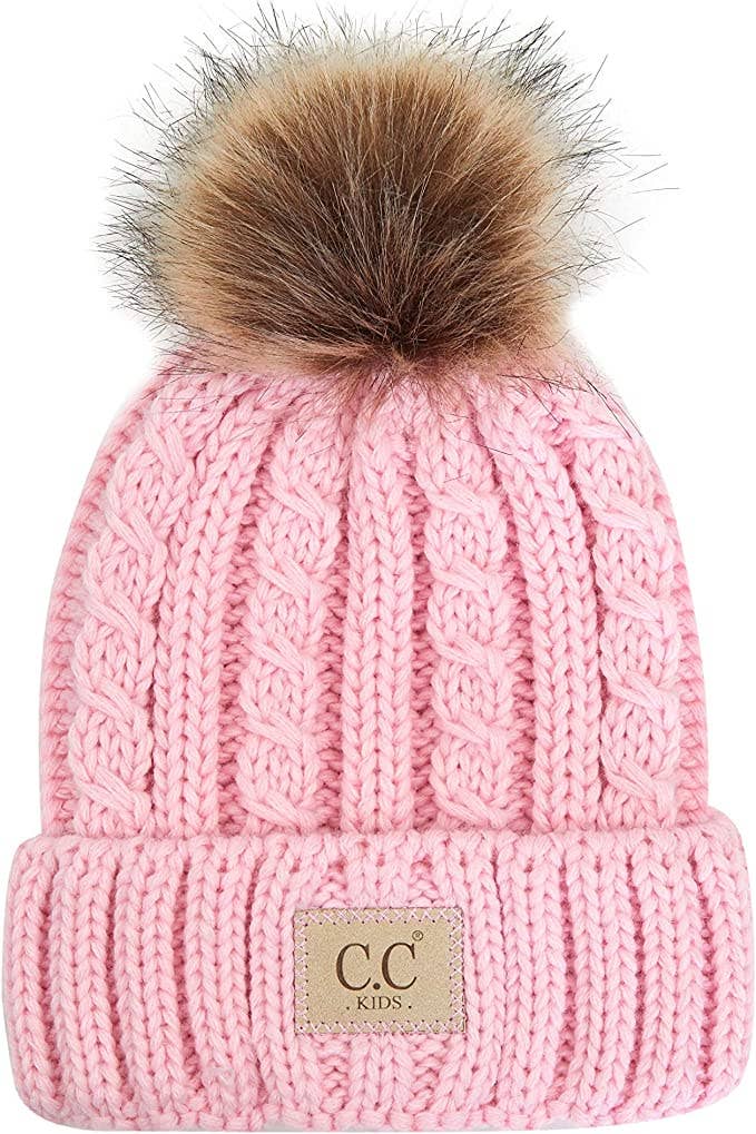 Kids Faux Fur Single Pom Beanie (Pale Pink)